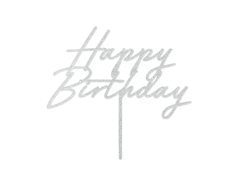 Topo de bolo ''Happy Birthday'' Prateado Glitter