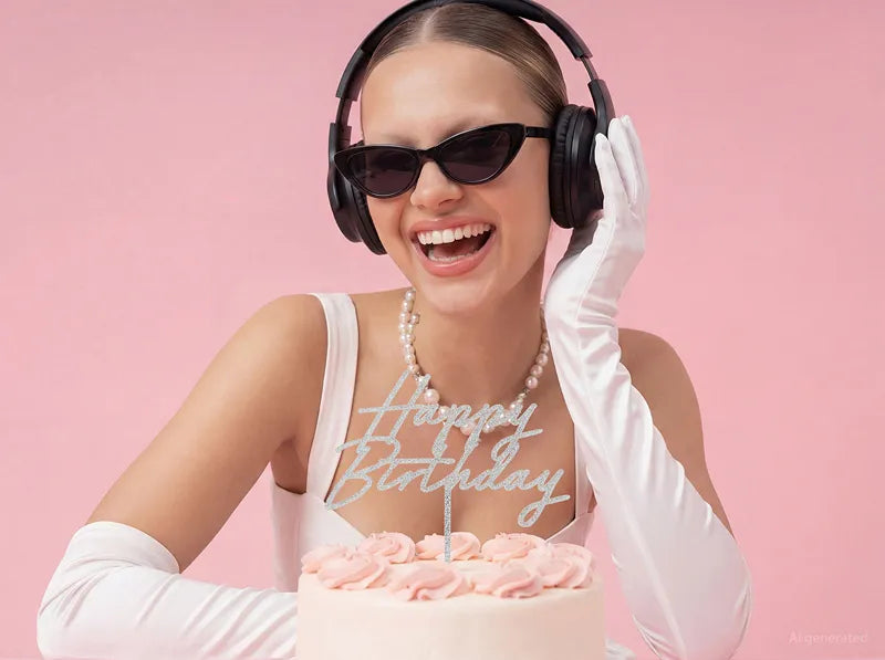 Topo de bolo ''Happy Birthday'' Prateado Glitter