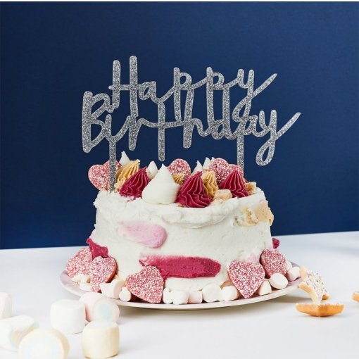 Silver Happy Birthday Cake Topper