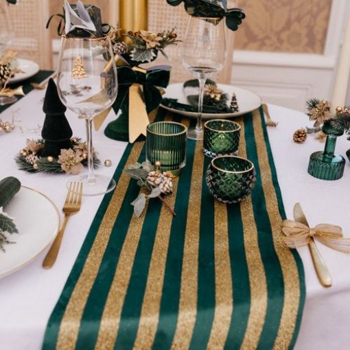 Corredor de mesa Riscas Veludo Verde e Dourado Brilhante