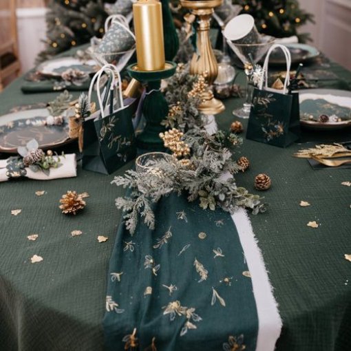Green Table Runner with Muslin Flowers