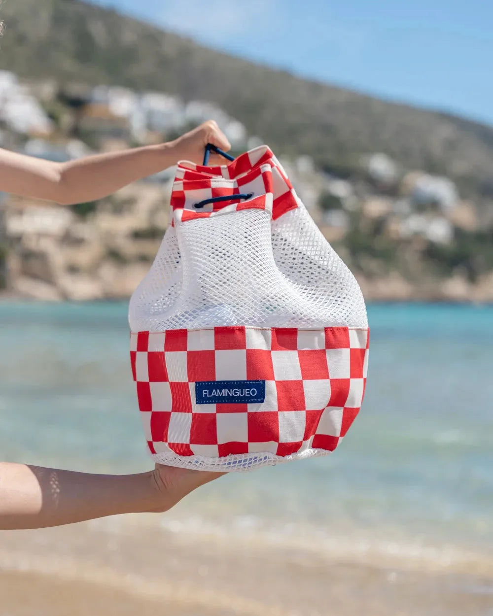 Mochila de Praia com Rede Xadrez Vermelha
