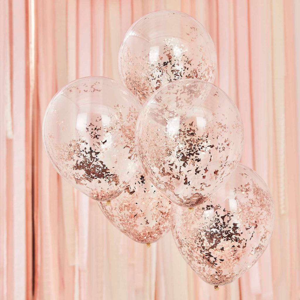 Balões Latex Transparentes Confettis Rosa Gold