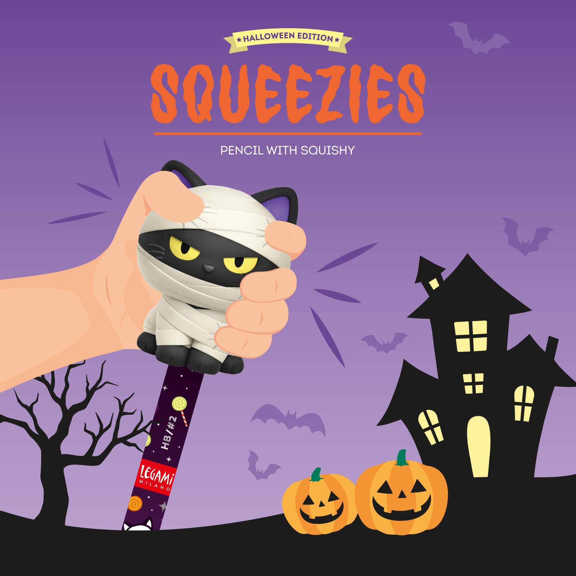 Lápis com Gato Múmia Squishy Halloween