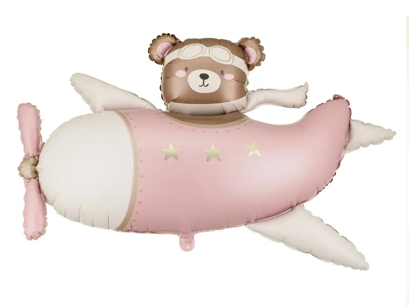 Balão Foil Urso no Avião Rosa