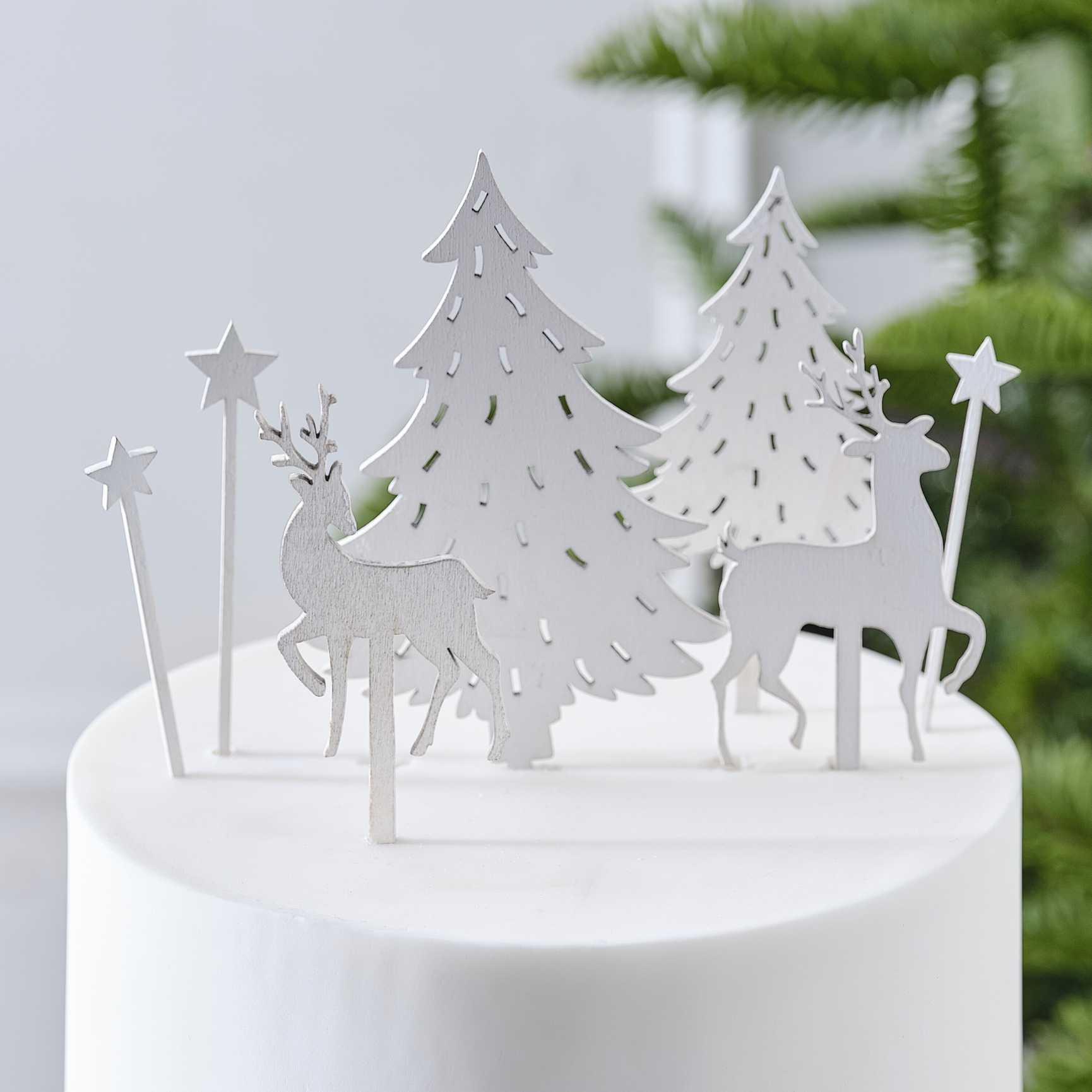 Wooden Christmas Cake Topper - White