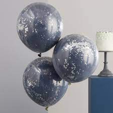 Balões Latex Azul Navy  Confettis Prata